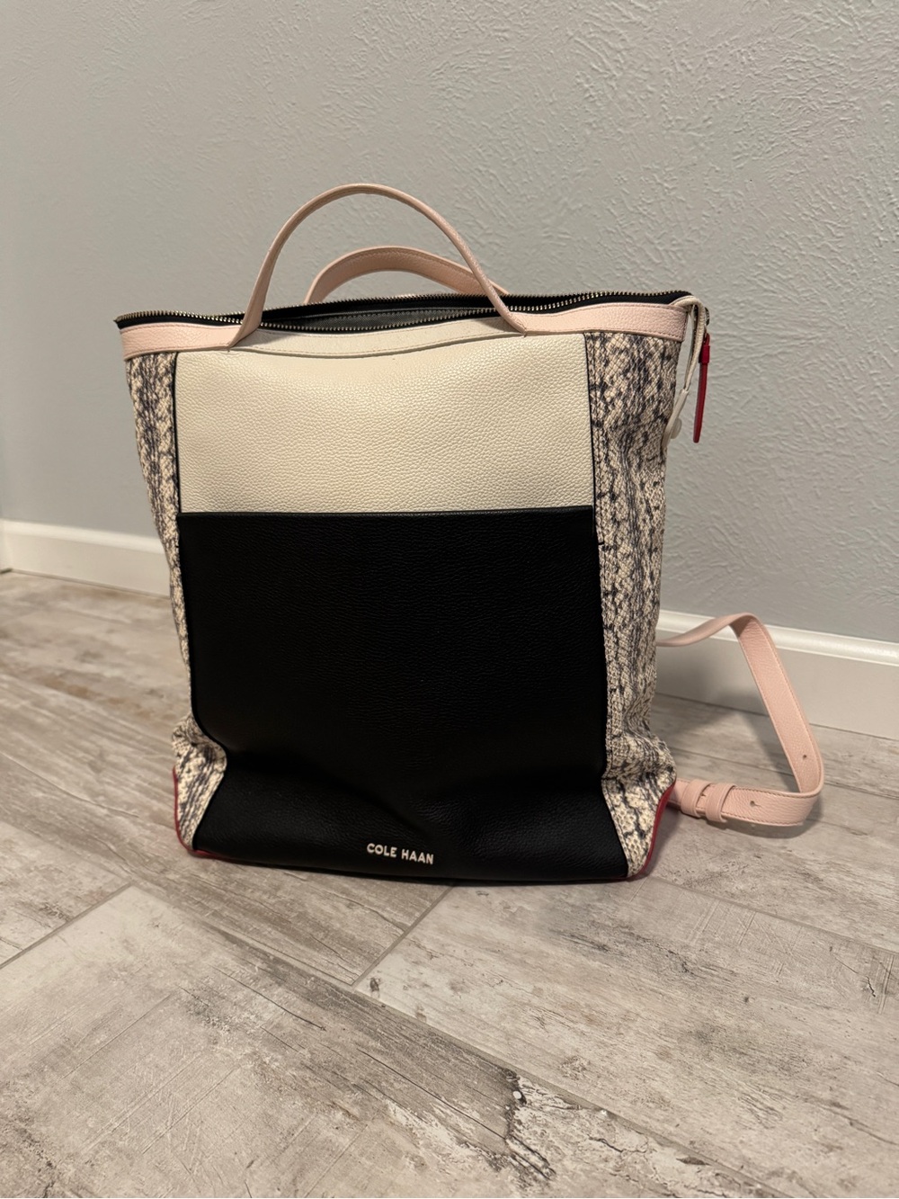 Cole Haan Black & Cream Panel Leather Backpack with Pink Trim